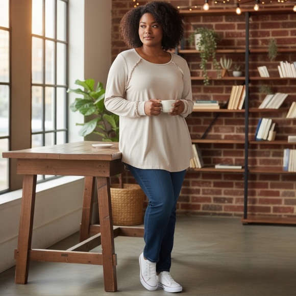 Lauren Conrad Top Women’s Plus 2X Cream Dolman Long Sleeve Blouse Cottagecore - Picture 1 of 7